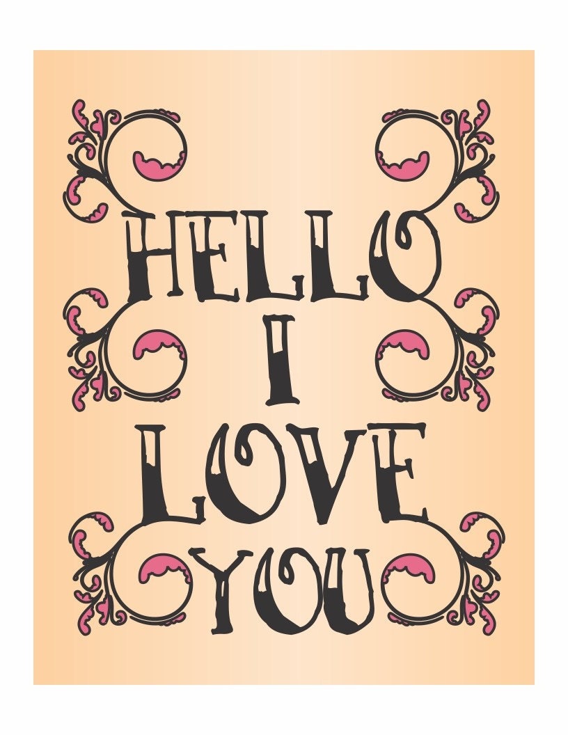 Hello I Love You Tattoo Style - a tattoo print in black with pink detail