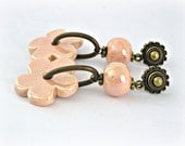 Pale watercolor finish peachy orange ceramic flower and bead brass vintage style earrings