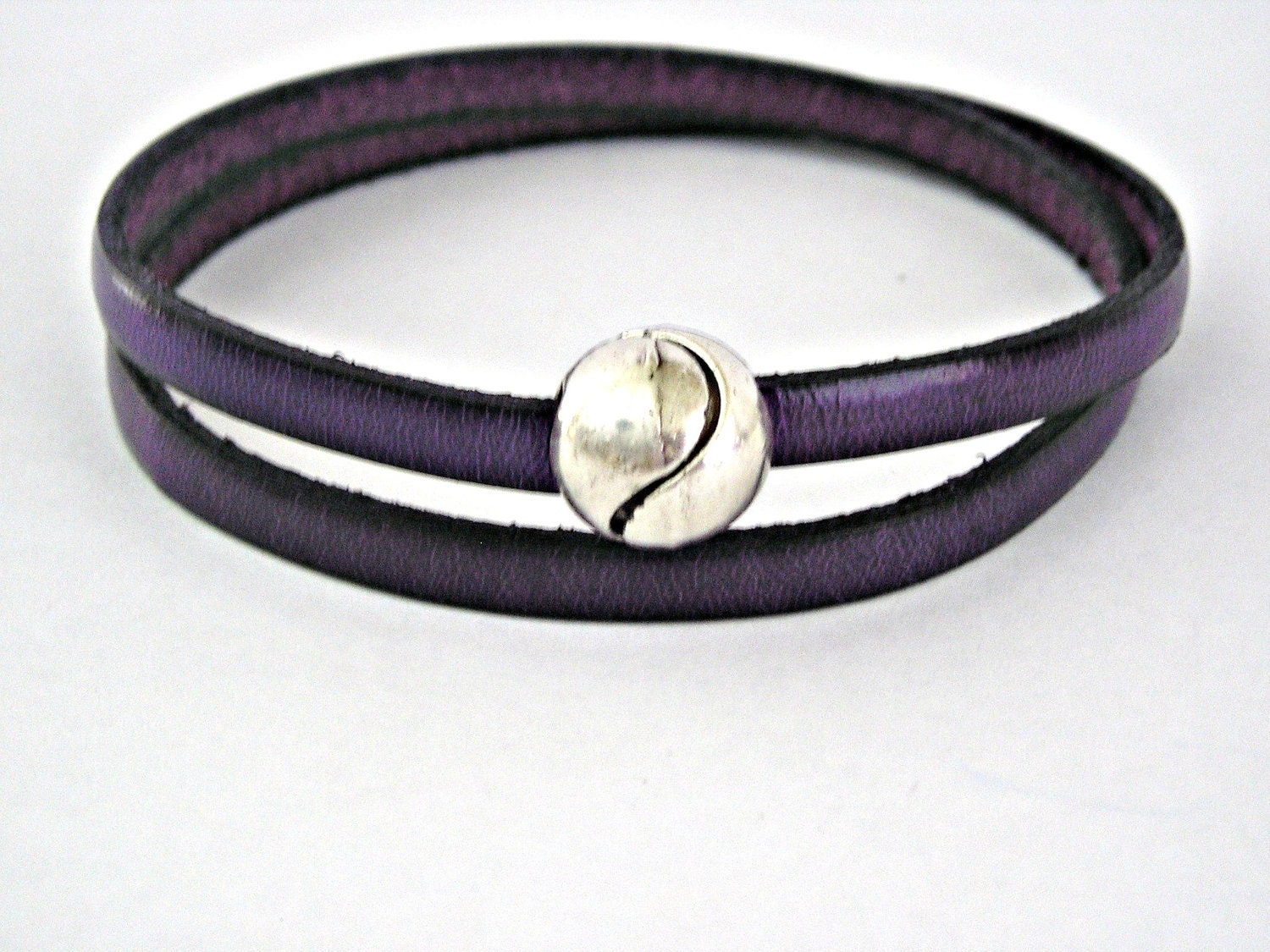 Purple double wrapped leather bracelet with magnetic tennis ball clasp