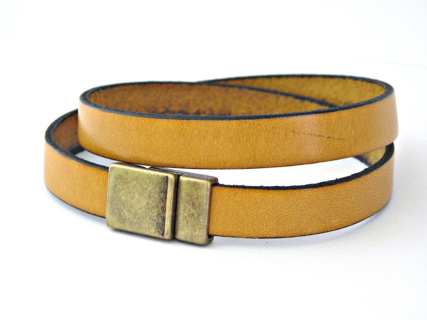 Solar power yellow color leather bracelet double wrapped with magnetic clasp brass color