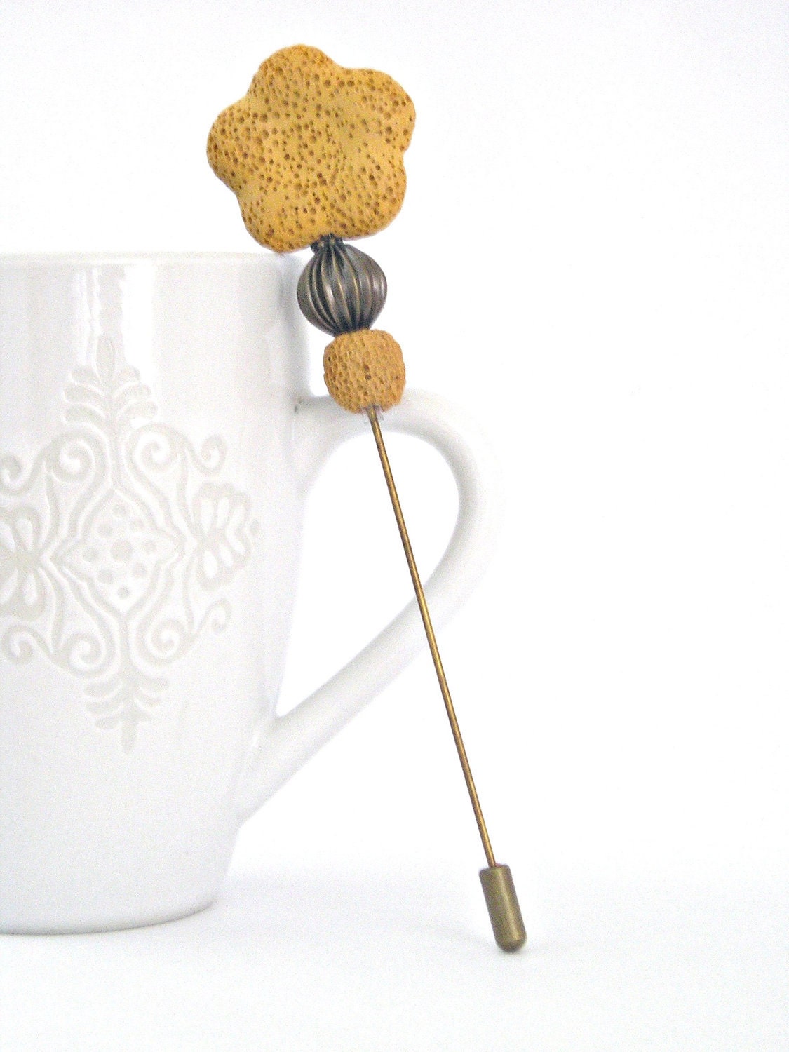 Mustard yellow flower hat pin brooch