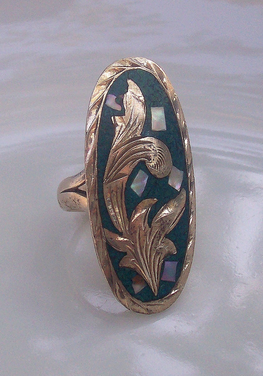 Folklore Turquoise Sterling Leaves Mother of Pearl Ring Engraved 925