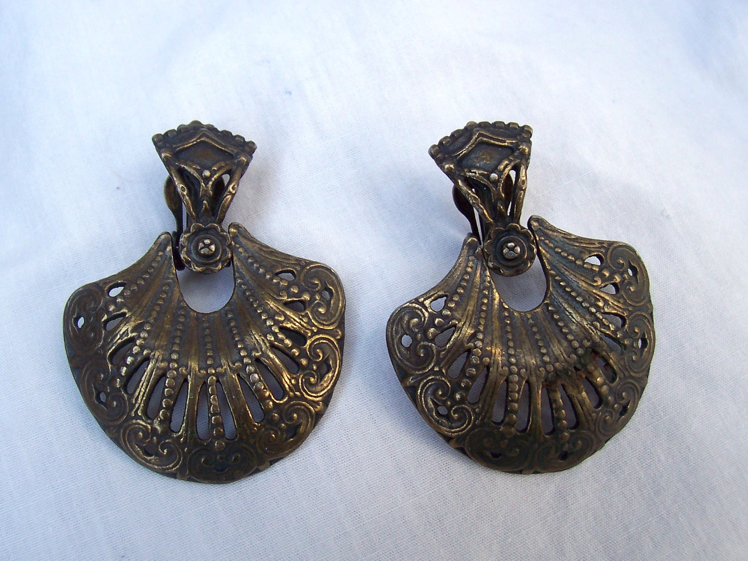 Victorian Bronze Floral Fan Doorknocker Earrings