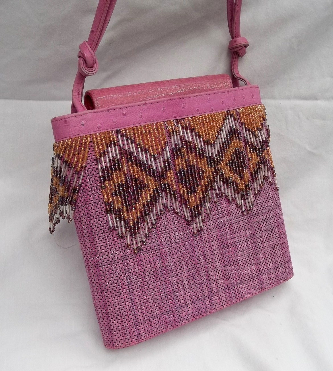 Ostrich Leather Beaded Fringe Pink Pocketbook Purse
