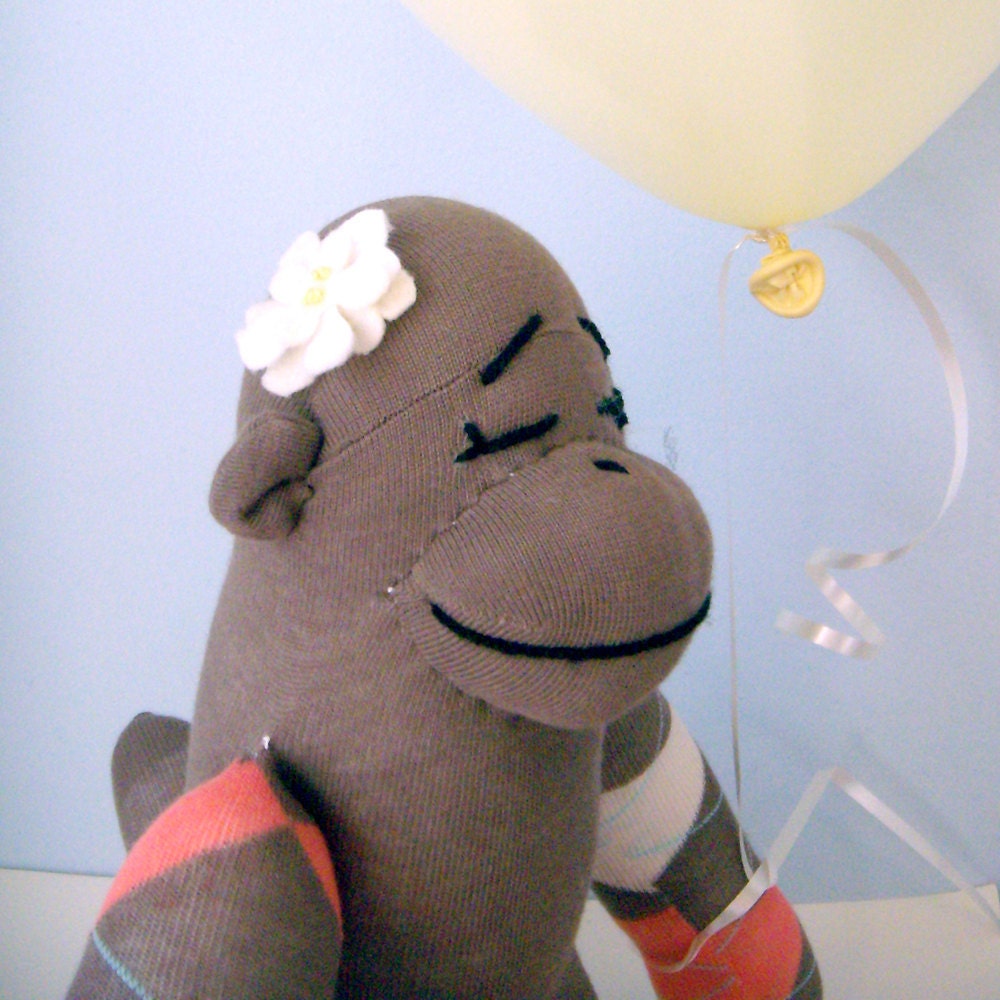 Sock Monkey Doll - Argyle, Girl, Children's Toy, Stuffed Animal, Taupe, light brown, salmon