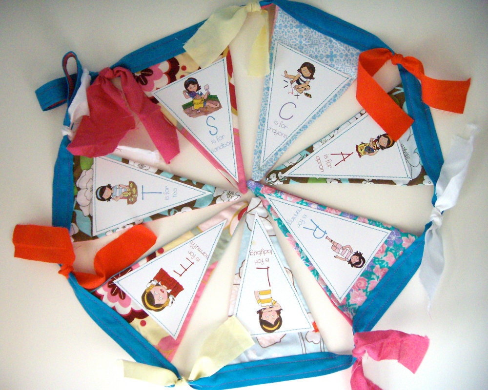 Custom Bunting Pennant Banner - 7-8 fabric flags, Birthday Party, Children's Room, Nursery, Baby Shower