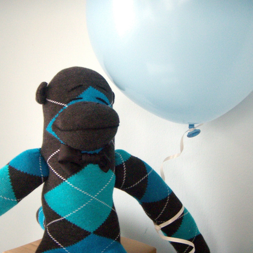 Stuffed Sock Monkey - Plush, Children's Stuffed Toy, Stuffed Animal, Teal, Gray