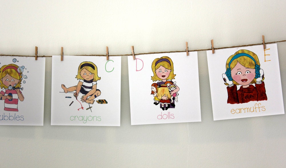 Alphabet Wall Cards, Blonde Girl - Back to School, Children's Room Artwork, Nursery Artwork