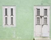 Mint Green house photograph, home front door, urban street scene, Caribbean, Travel photography, wall art photo print,