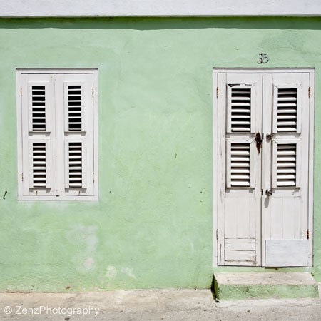 Mint Green house photograph, home front door, urban street scene, Caribbean, Travel photography, wall art photo print,