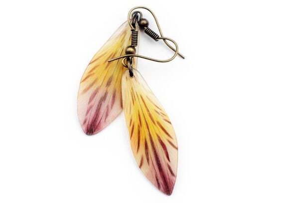 Tiger Lily Earrings - antiqued brass - real flower petals - Red, orange and yellow - resin flower earrings