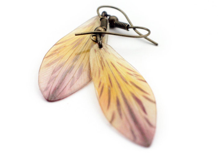 Tiger Lily Earrings - antiqued brass - real flower petals - Red, orange and yellow - resin flower earrings