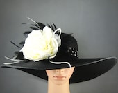 Derby Hat Dress Hat Tea Party Hat Church Kentucky Derby BLACK Womens Hat Wide Brim Bridal Wedding Tea Party Ascot Feathers