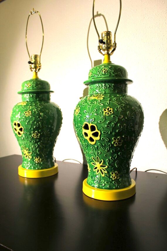 Vintage Pair of Retro Green and Yellow Flower Ceramic Lamps