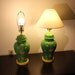 Vintage Pair of Retro Green and Yellow Flower Ceramic Lamps