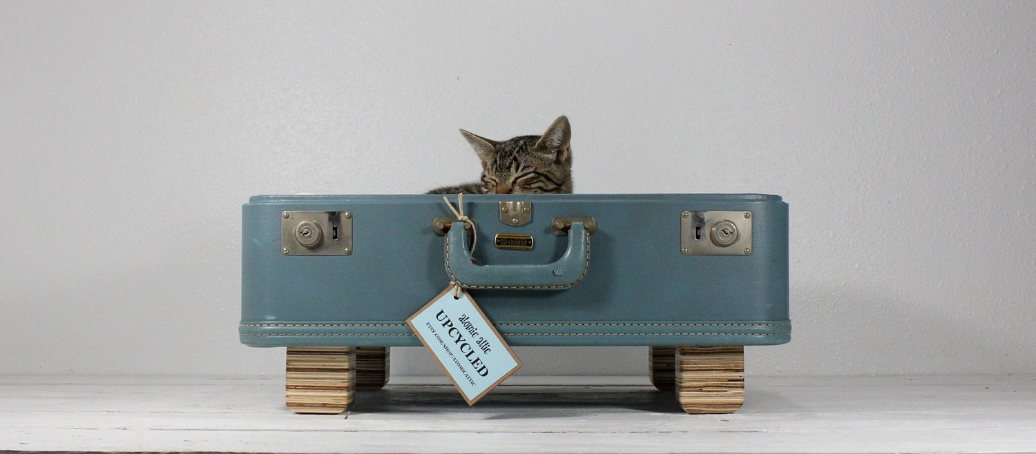 Upcycled Suitcase Pet Bed in Blue