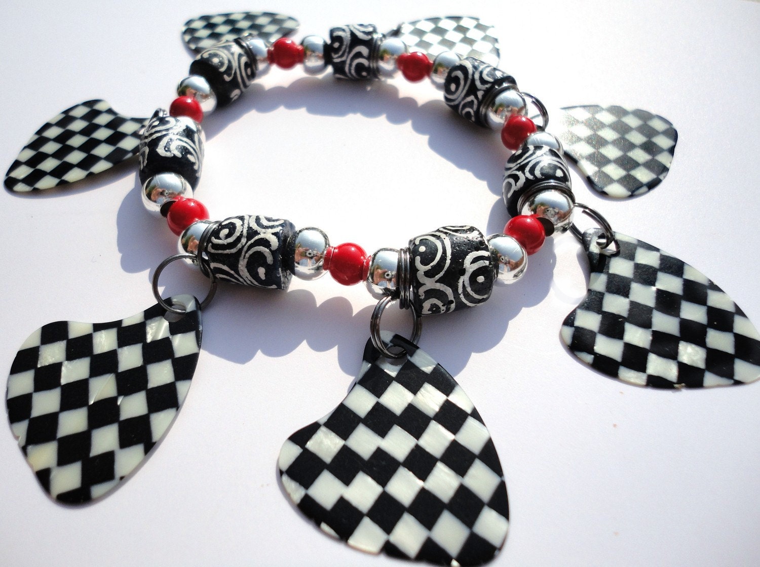 MISS CHUCK BERRY Black and White Check Guitar Pick Charm Bracelet - Rock On