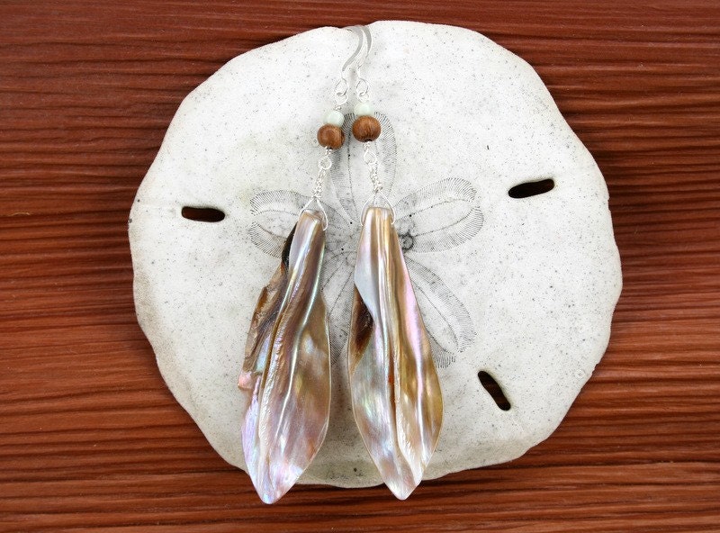 Brown Lip Shell Earrings, Wood with Pale Blue, L