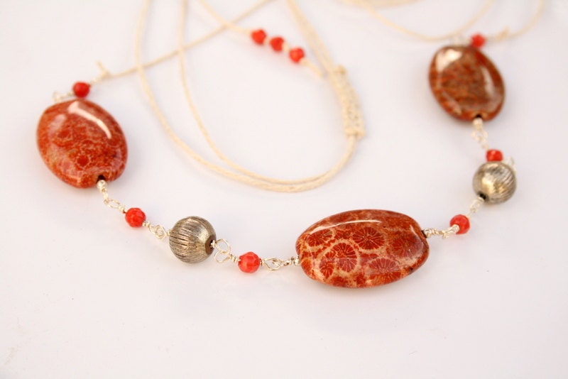 Fossilized Coral, Silver, and Hemp