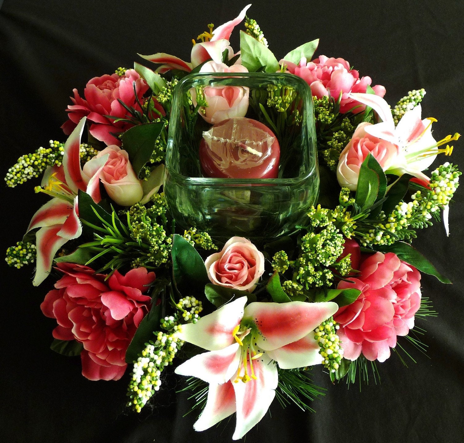 CLERANCE - Pink Green Table Centerpiece, Floral Centerpieces, Table Decor, A Touch of Class  - Item 114