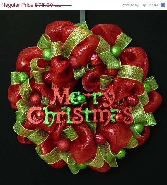 15% OFF SALE Merry Christmas Wreath, Poly Deco Mesh, Red and Lime Green - Item 300