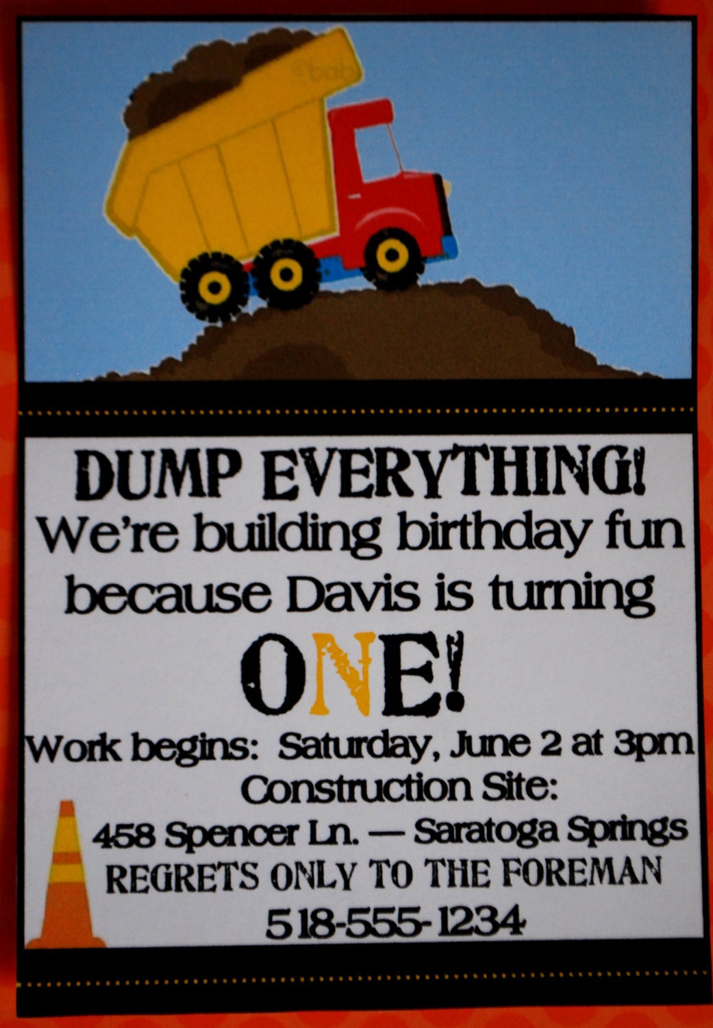 Dump Truck Invitations - Set of 10 - Custom Quantities Available