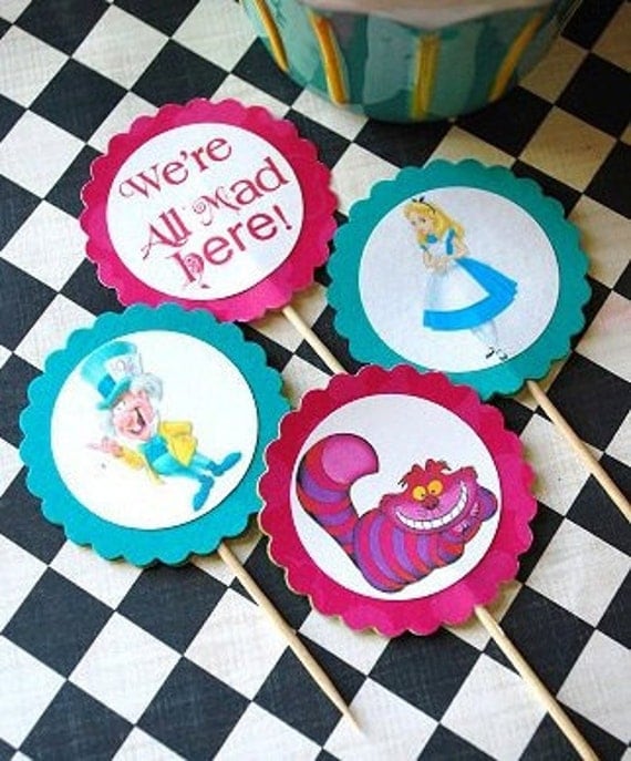 Alice in Wonderland - Mad Hatter Tea Party - Character Cupcake Toppers - 10