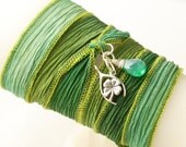 Hand Dyed Silk Ribbon Bracelet with a Sterling Silver Wishbone/Clover and a Green Onyx Crystal Quartz - MAKE A WISH - AnnieRehDesigns