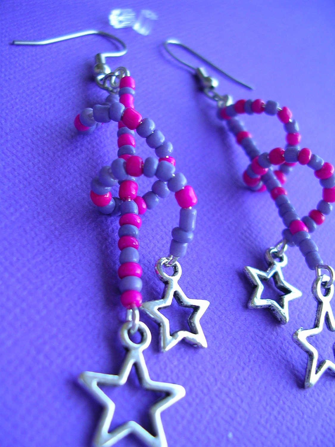 Spacing Out - Silver Star Pink and Purple Beaded Dangle Earrings
