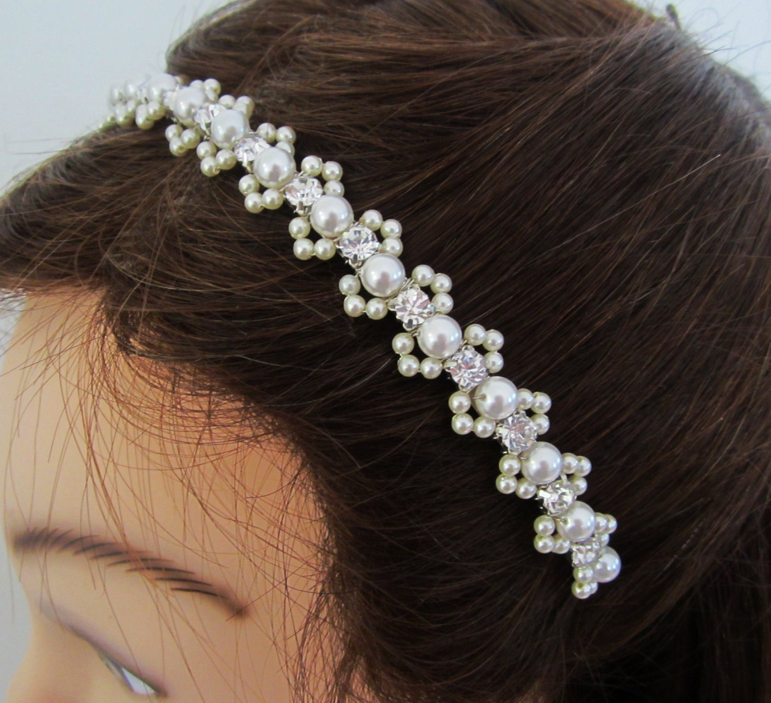 Wedding Headband with Swarovski Pearls and Rhinestones -- White or Ivory -- Pippa