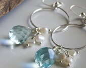 Etsy, Beaded Hoop Earrings:  Silver over Copper Hammered Hoop Earrings with Blue Quartz and Freshwater Pearls, Beaded Earrings