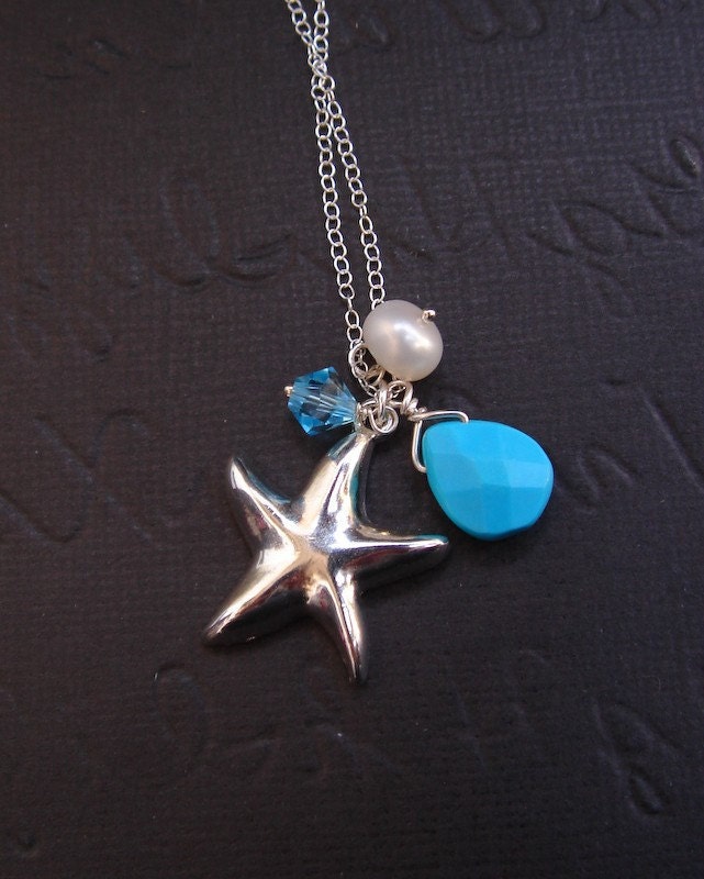 Starfish Turquoise Teardrop Pear Swarovski crystal Sterling Silver Necklace- Beach Wedding Bridal Party Bridesmaid Gift Birthday Gift