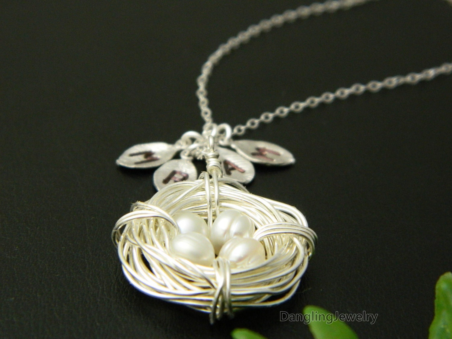 FOUR Initial Necklace, Bird Nest Necklace, Personalized Mothers Necklace, Mothers Jewelry, Monogram Necklace, Initial Jewelry