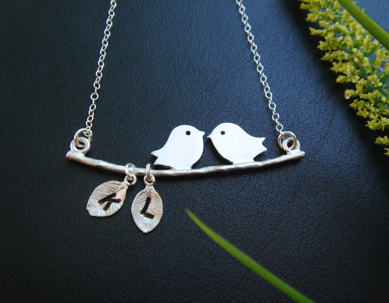 Custom Two Initial Necklace, Bird Necklace,Personalized Family Necklace, Mothers Jewelry, Valentines Day, Monogram, Couples, Initial Jewelry
