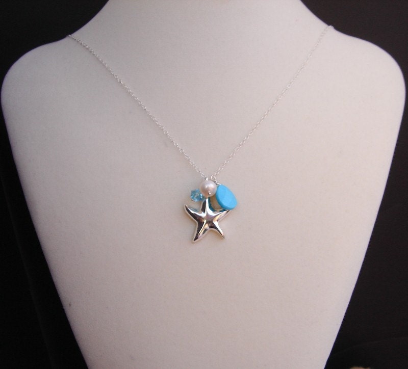 Starfish Turquoise Teardrop Pear Swarovski crystal Sterling Silver Necklace- Beach Wedding Bridal Party Bridesmaid Gift Birthday Gift