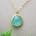 Aqua Glass Gold Framed Necklace - Bridesmaid gifts, Wedding Jewelry, Sister, Mother's Necklace