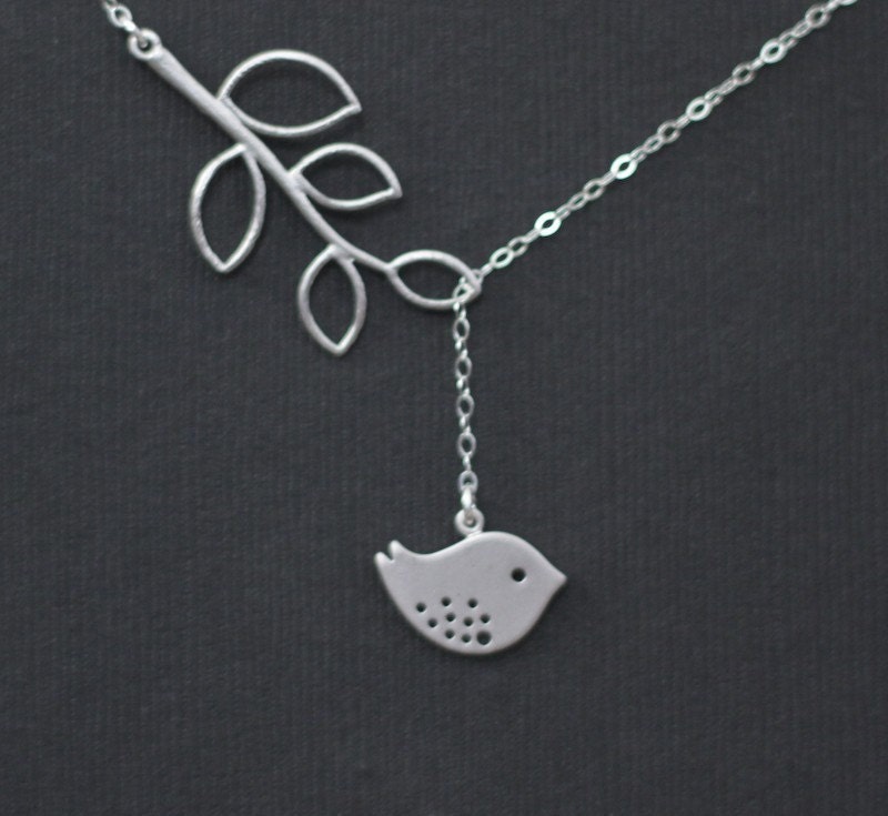 Bird Charm Necklace, Silver Lariat Necklace, Leaf Branch, Bird Jewelry, Sparrow Charm, Birthday Gift, Everyday Wear, Mothers Jewelry
