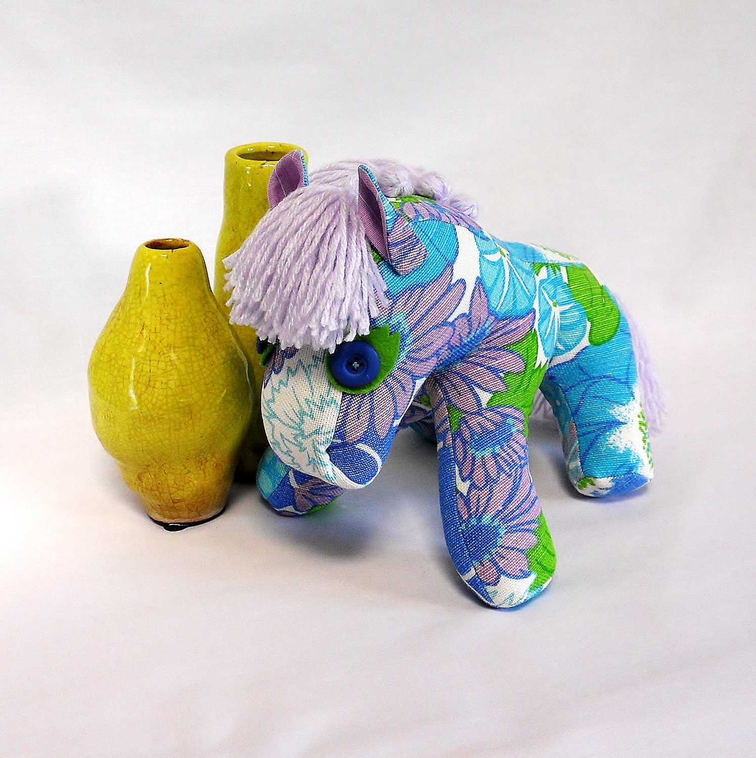 Retro Pony a horse crafted from 70s Floral Vintage fabric  - Blue / Lime/Lilac