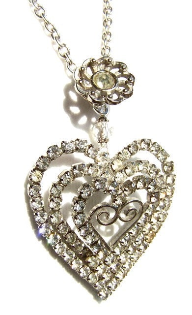 Necklace, Large Rhinestone Heart by dabchickvintagegems on Etsy