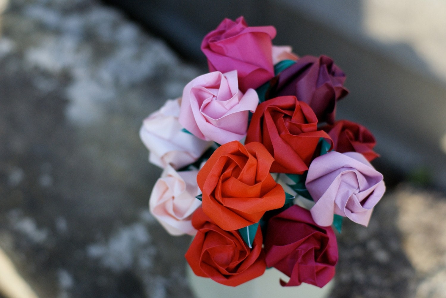 Be My Valentine- One Dozen Origami Roses in Shades of Red and Pink