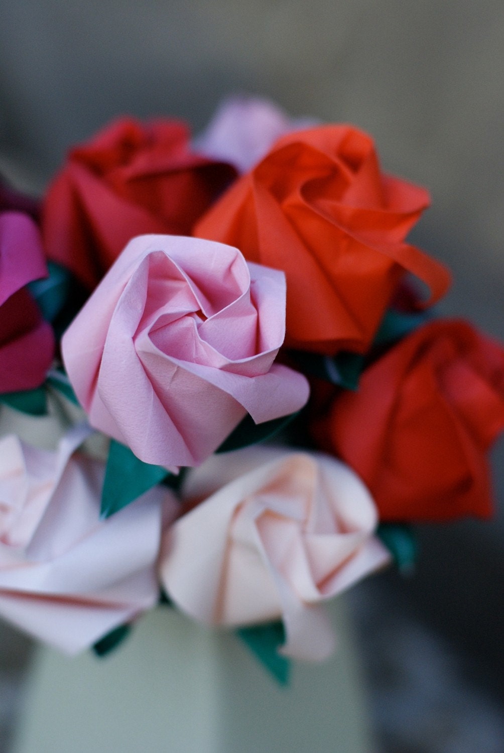 Be My Valentine- One Dozen Origami Roses in Shades of Red and Pink
