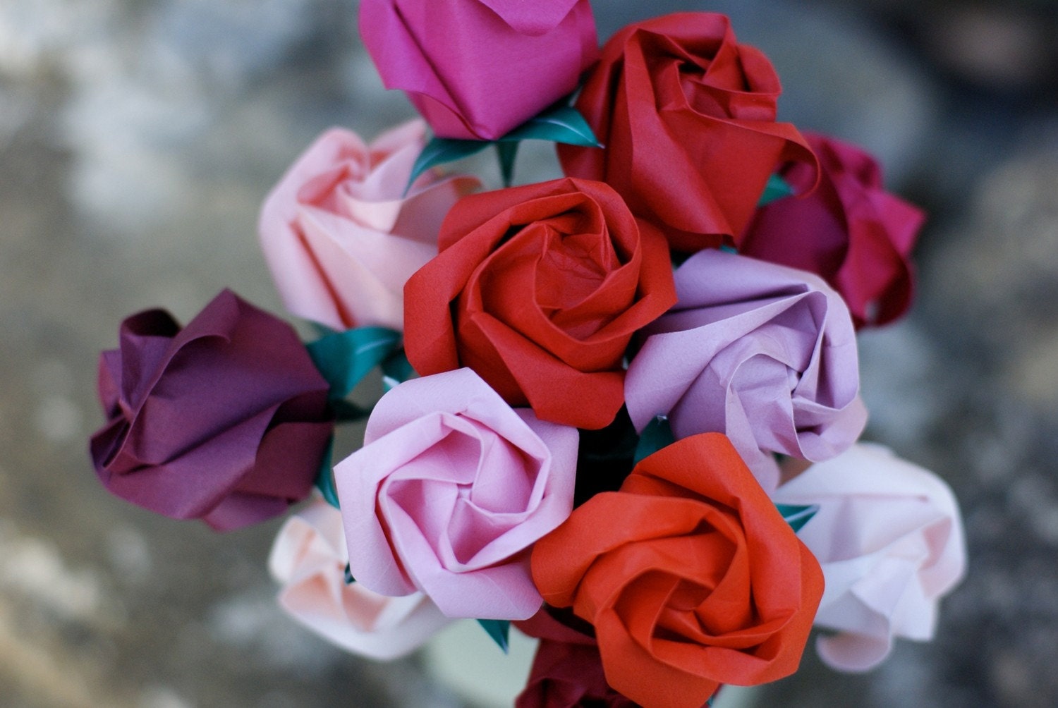 Be My Valentine- One Dozen Origami Roses in Shades of Red and Pink