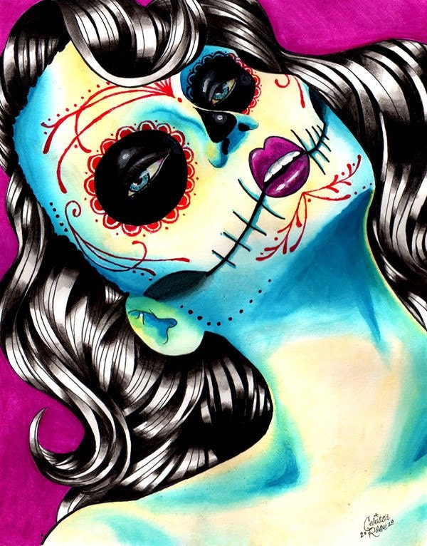 Day of the Dead Sugar Skull Girl Tattoo Style Pin up Art Print- Viva Los Muertos By Carissa Rose 11x14