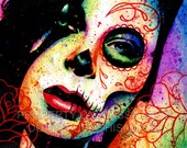 Pop Art Day of the Dead Sugar Skull Girl Portrait Art Print-Dead Inside by Carissa Rose apprx 11x14