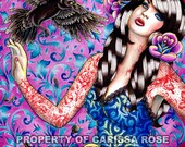 Lowbrow Pin Up Girl With Tattoos and Raven Watercolor Portrait Art Print by Carissa Rose 8x10