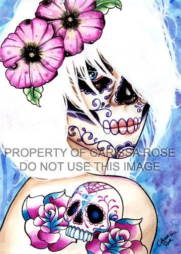 Dia De Los Muertos Tattooed Sugar Skull Girl with Flowers Lies Art Print By Carissa Rose 5x7