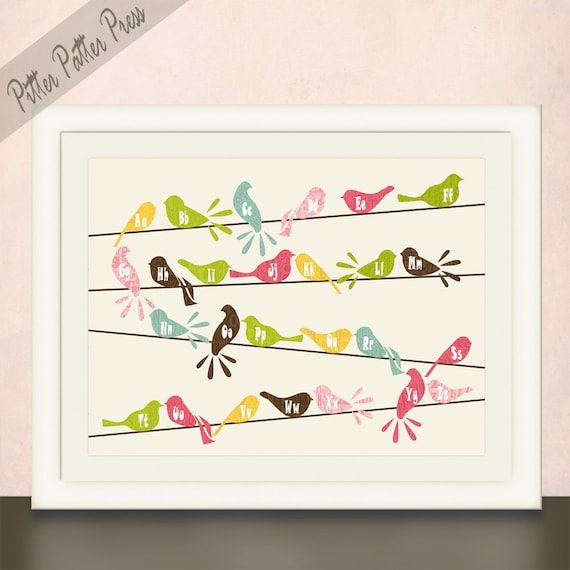 Nursery Art for boy of girl, Birds on a Wire, Alphabet letters, Wall Art Print in Custom Colors, size 11x14