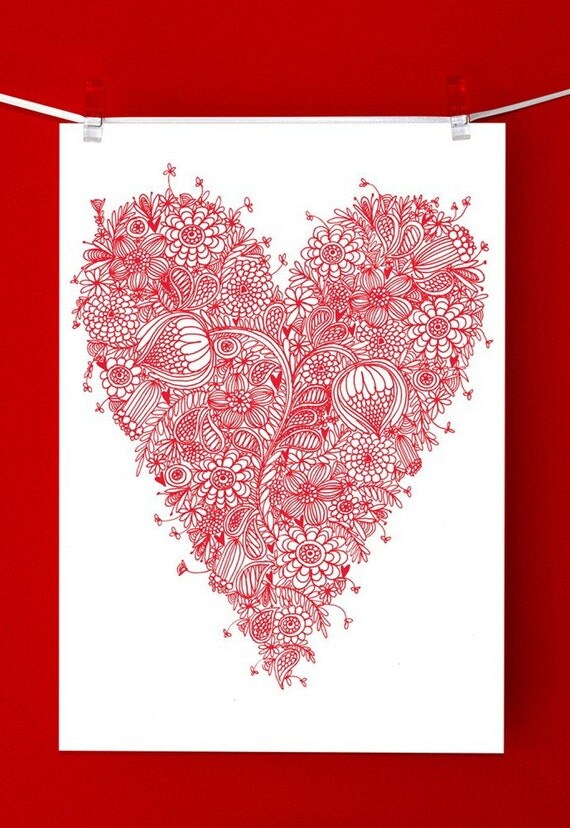 Pretty, red, detailed pattern, love heart fine art print