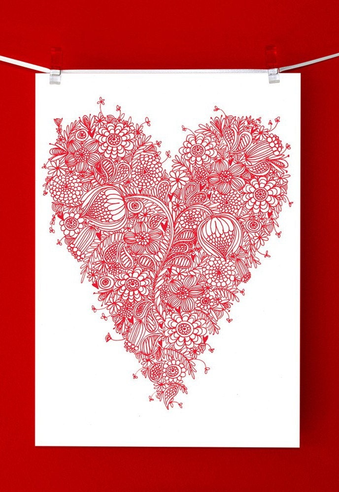 Pretty, red, detailed pattern, love heart fine art print
