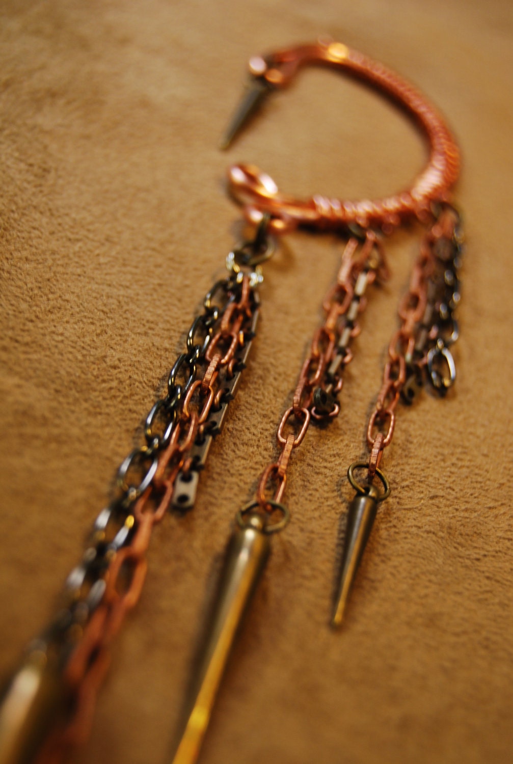 Behind the Ear Cuff in Copper with Mixed Chain and Spikes